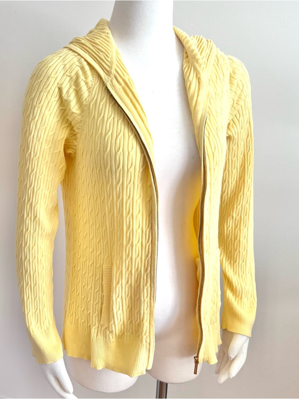 Talbots Yellow Cable Knit Zip Front Hooded Sweater 100% Pima Cotton (L) Like New